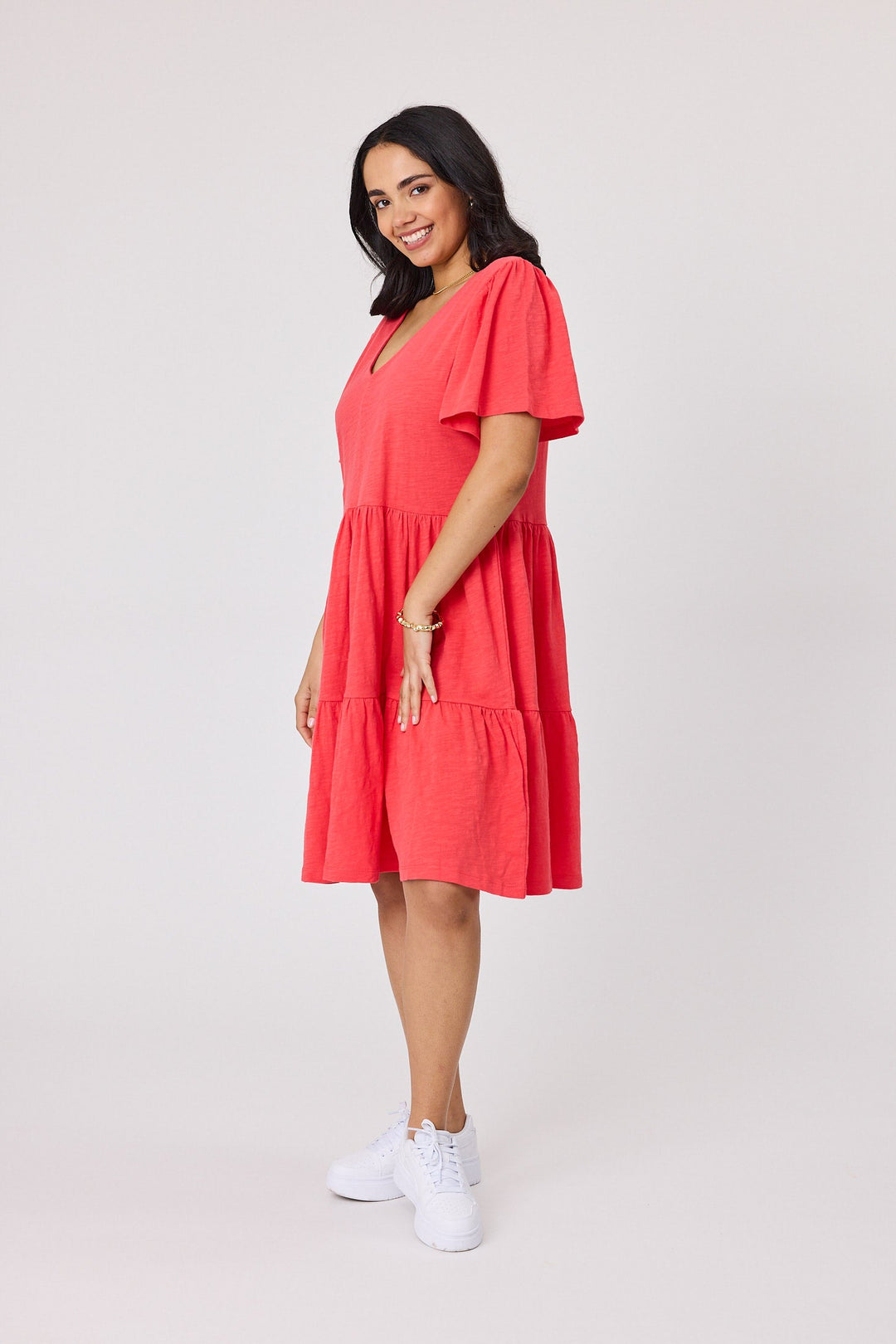 Essential Flutter Sleeve Dress Coral