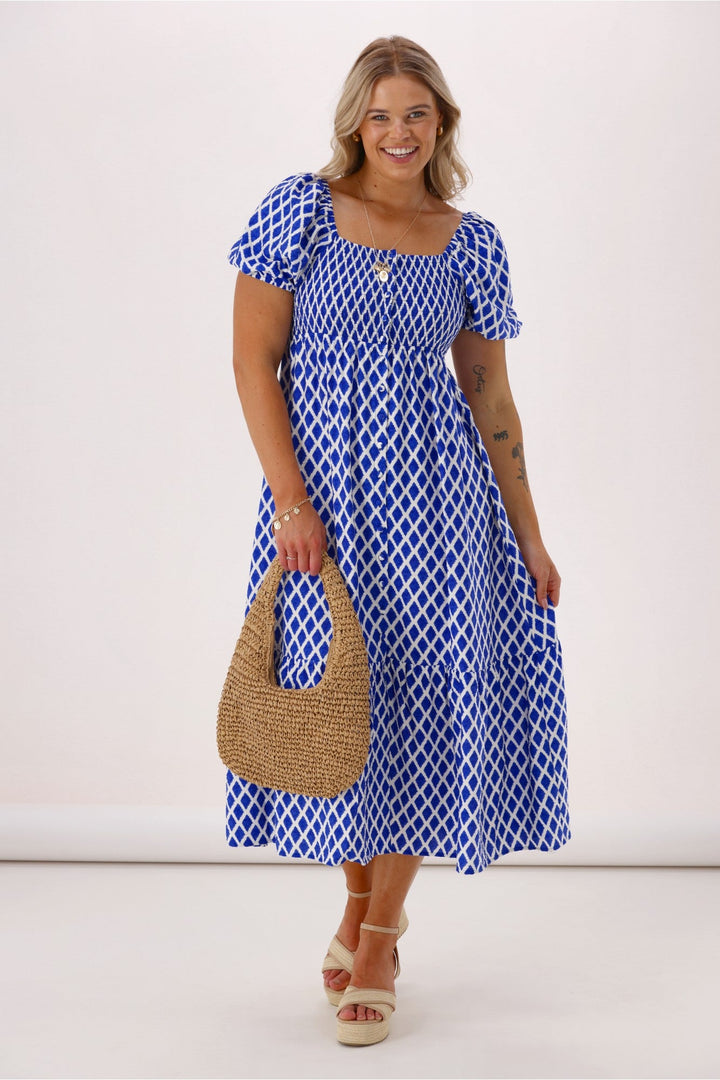 Label  Erin Amalfi Shirred Bodice Dress Blue