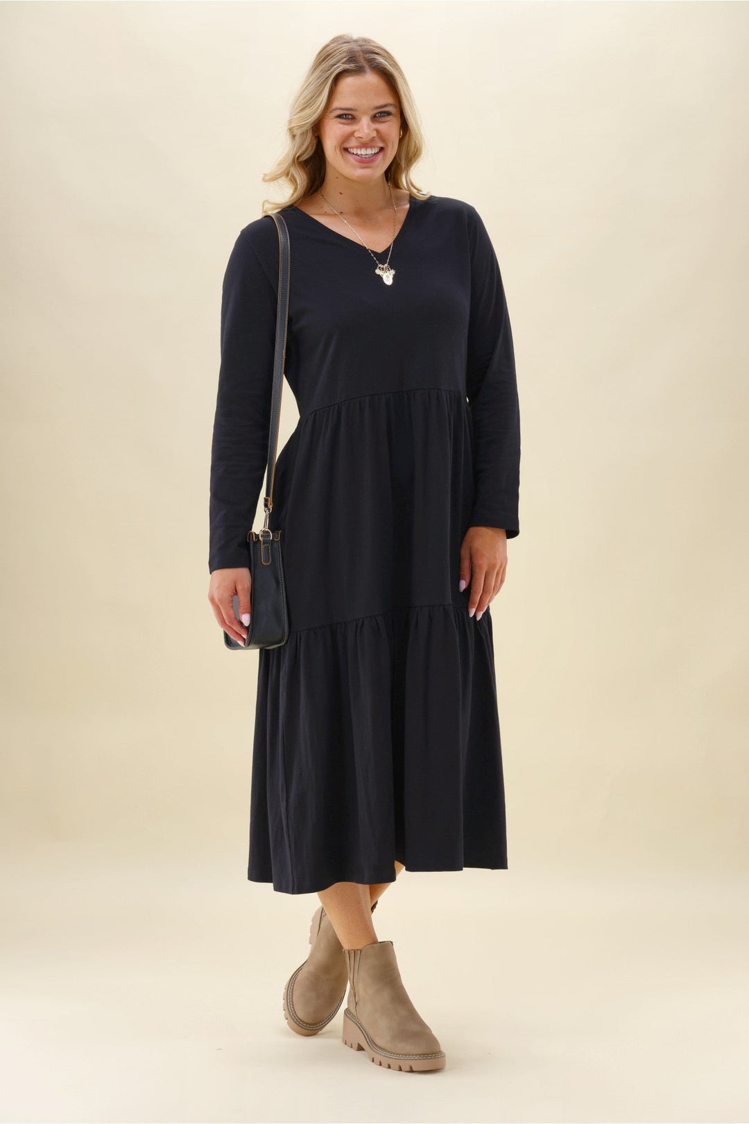 Shine On Essentials Long Sleeve Tiered Dress Black