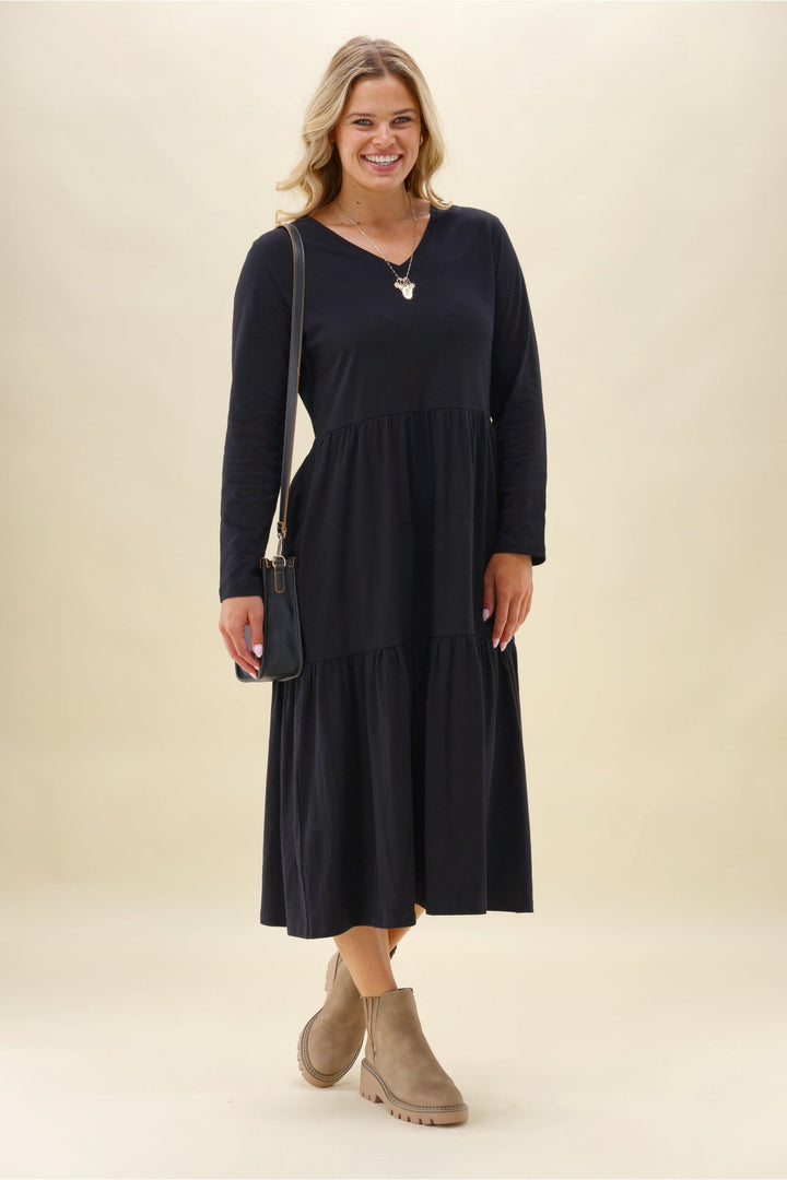 Shine On Essentials Long Sleeve Tiered Dress Black