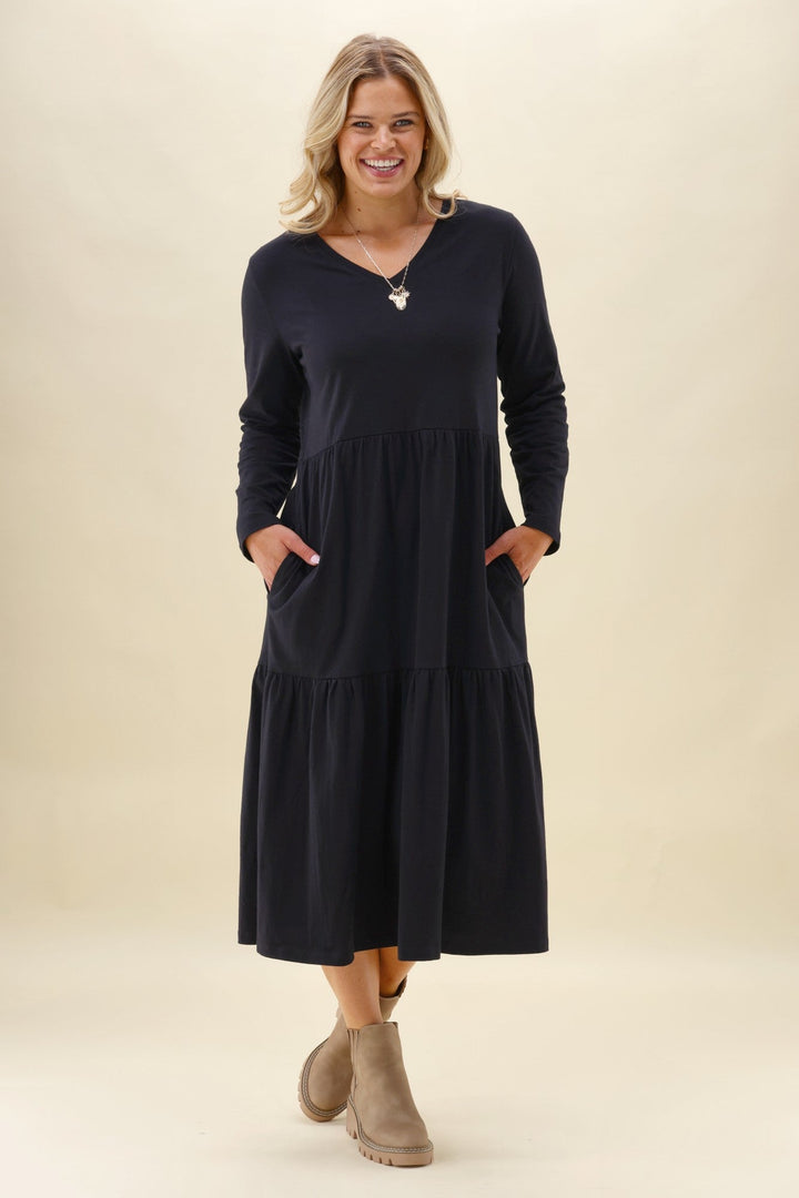 Shine On Essentials Long Sleeve Tiered Dress Black