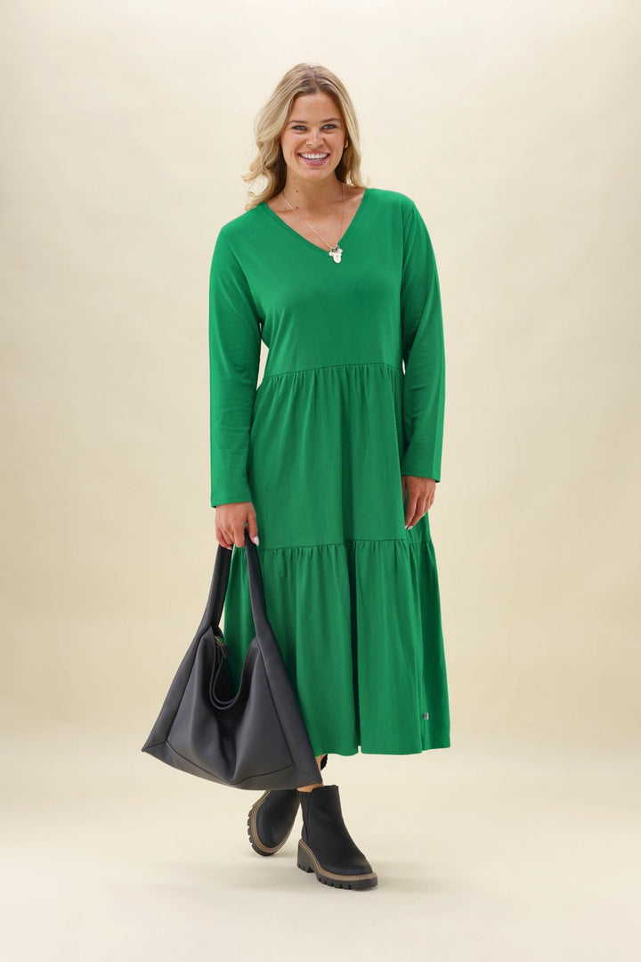 Shine On Essentials Long Sleeve Tiered Dress Forest Green