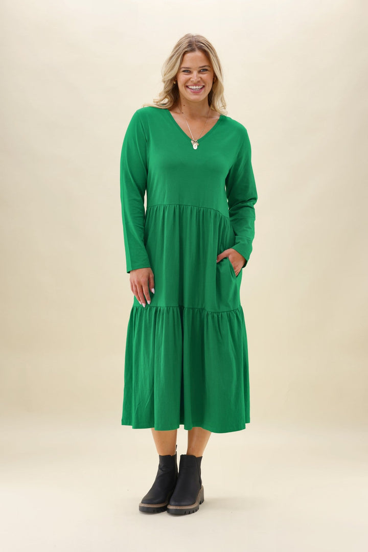 Shine On Essentials Long Sleeve Tiered Dress Forest Green