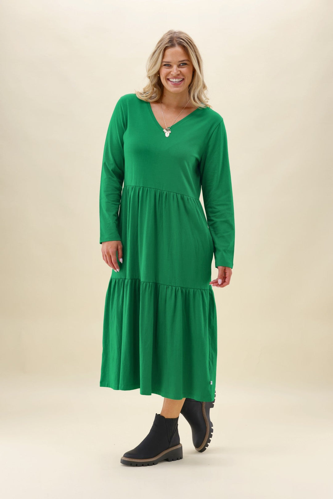 Shine On Essentials Long Sleeve Tiered Dress Forest Green