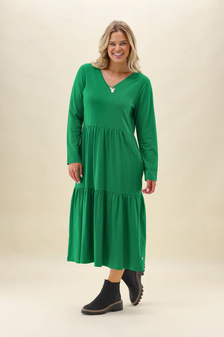 Shine On Essentials Long Sleeve Tiered Dress Forest Green