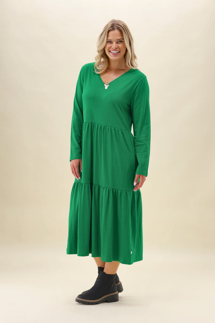 Shine On Essentials Long Sleeve Tiered Dress Forest Green
