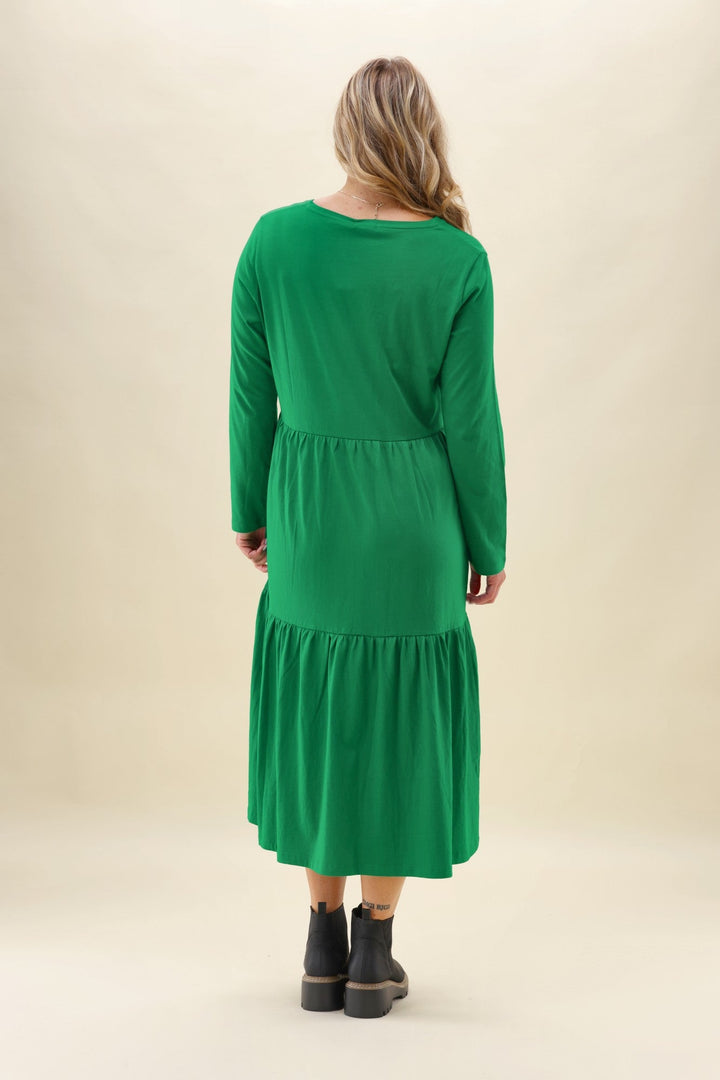 Shine On Essentials Long Sleeve Tiered Dress Forest Green