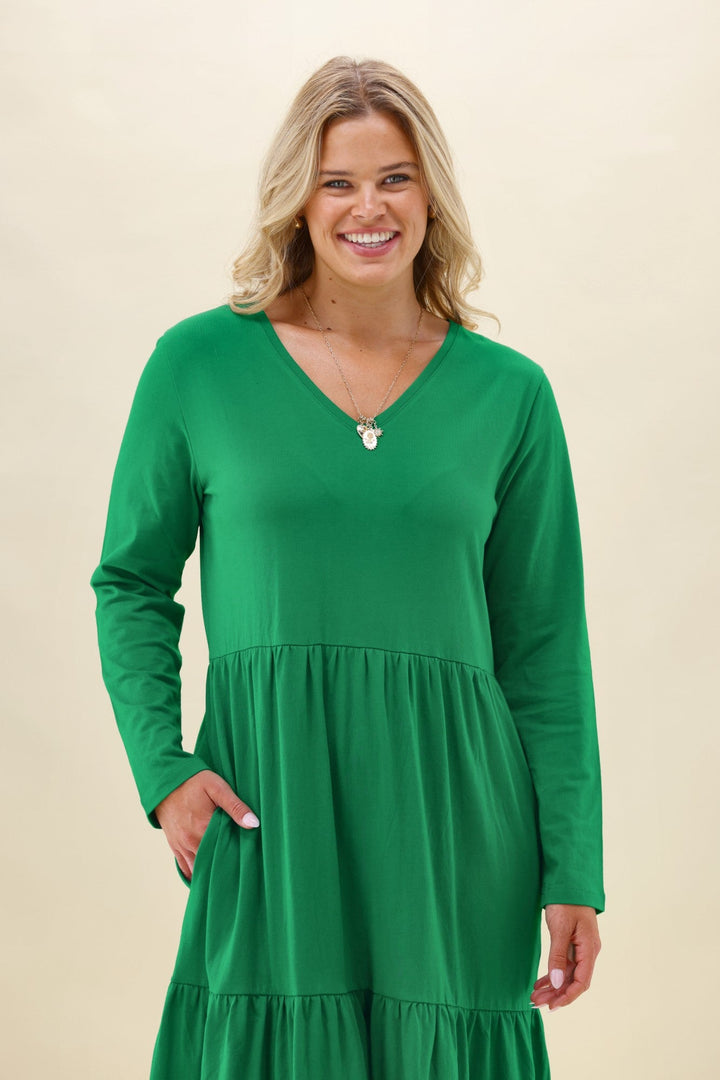 Shine On Essentials Long Sleeve Tiered Dress Forest Green
