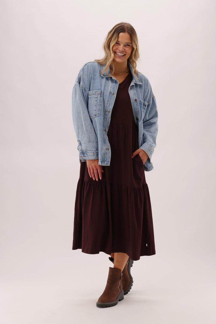 Essentials Long Sleeve Tiered Dress Chocolate