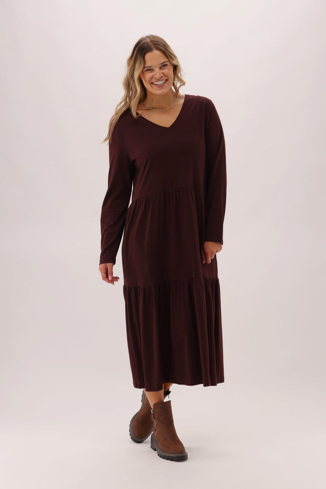 Essentials Long Sleeve Tiered Dress Chocolate
