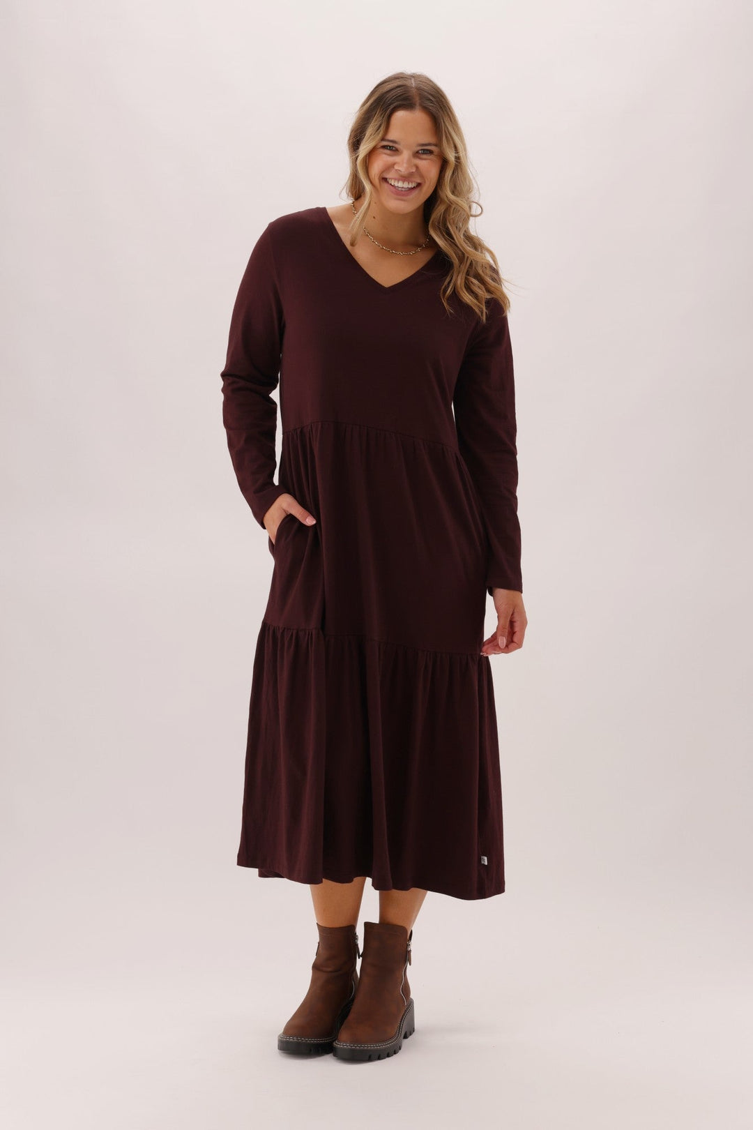 Essentials Long Sleeve Tiered Dress Chocolate