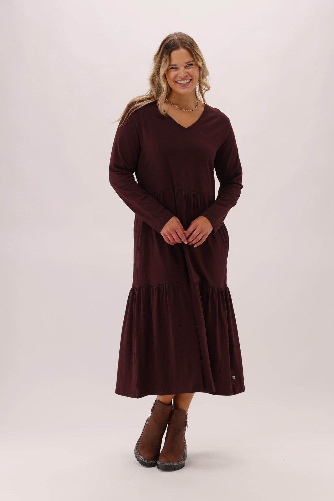Essentials Long Sleeve Tiered Dress Chocolate