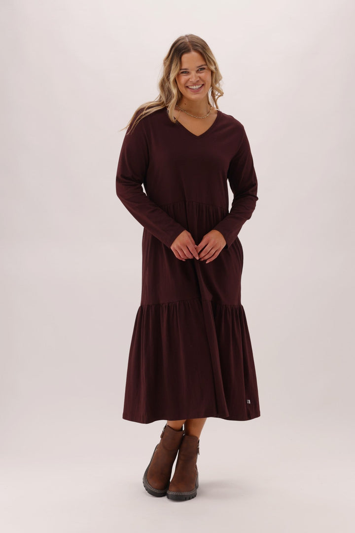Essentials Long Sleeve Tiered Dress Chocolate