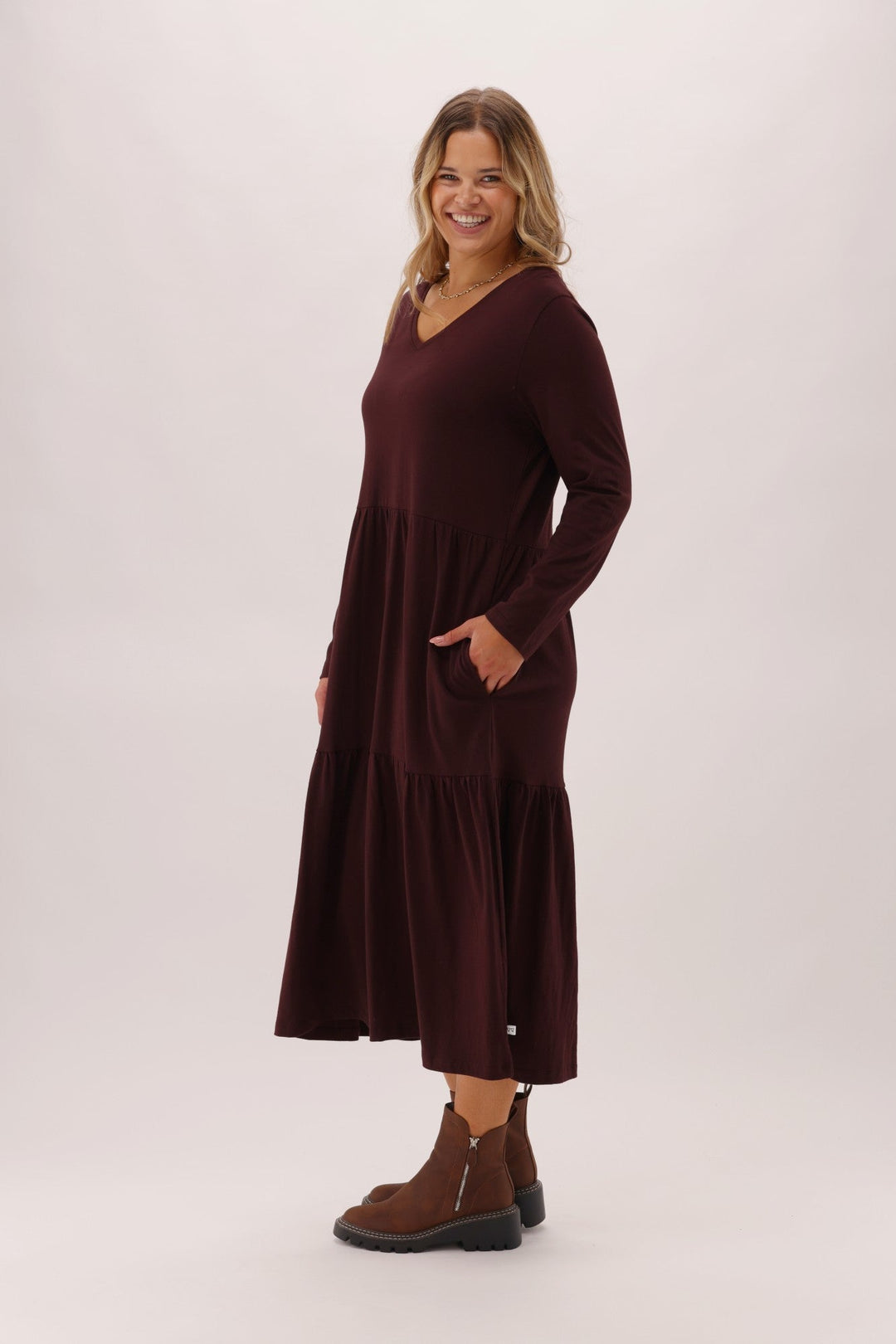 Essentials Long Sleeve Tiered Dress Chocolate
