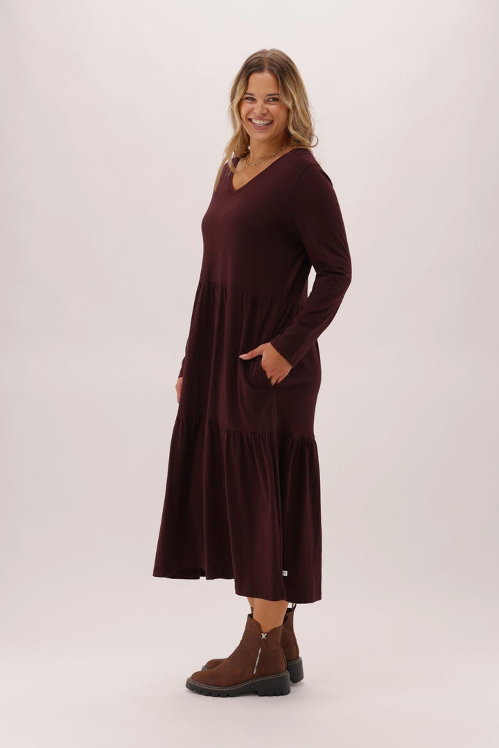 Essentials Long Sleeve Tiered Dress Chocolate