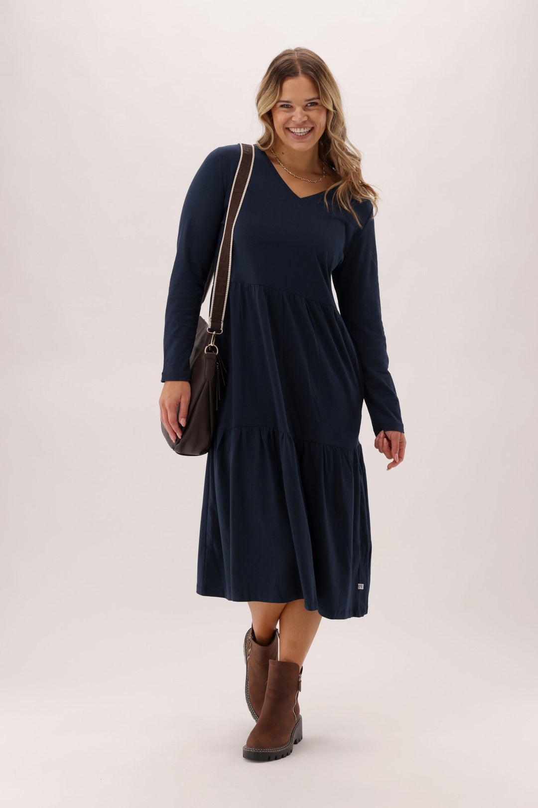 Essentials Long Sleeve Tiered Dress Navy