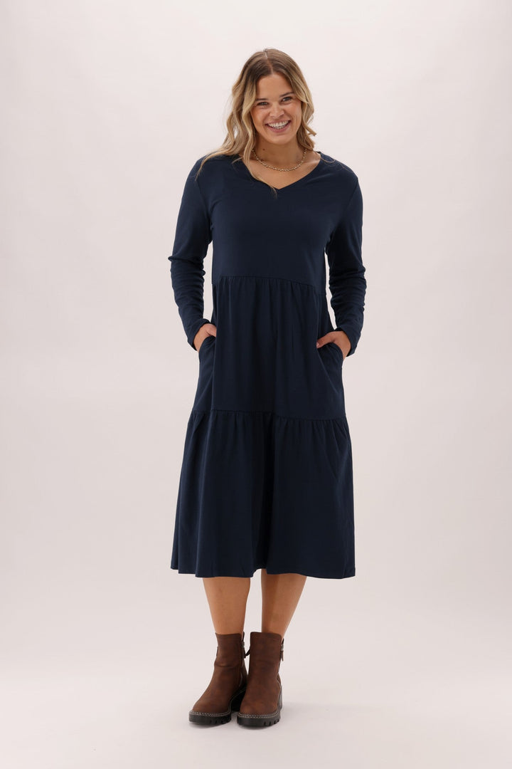 Essentials Long Sleeve Tiered Dress Navy