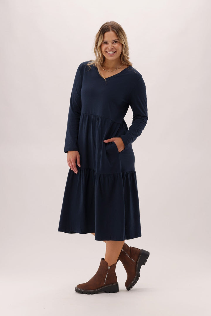 Essentials Long Sleeve Tiered Dress Navy