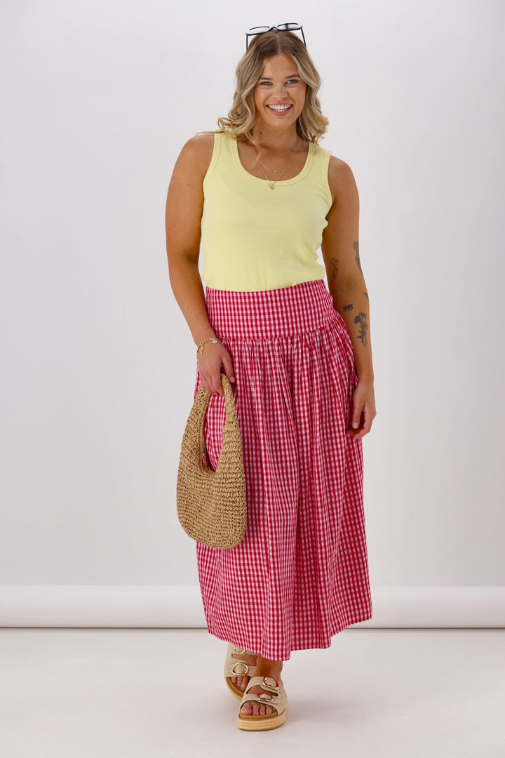 Label Addison Shirred Bask Skirt Red Pink Gingham