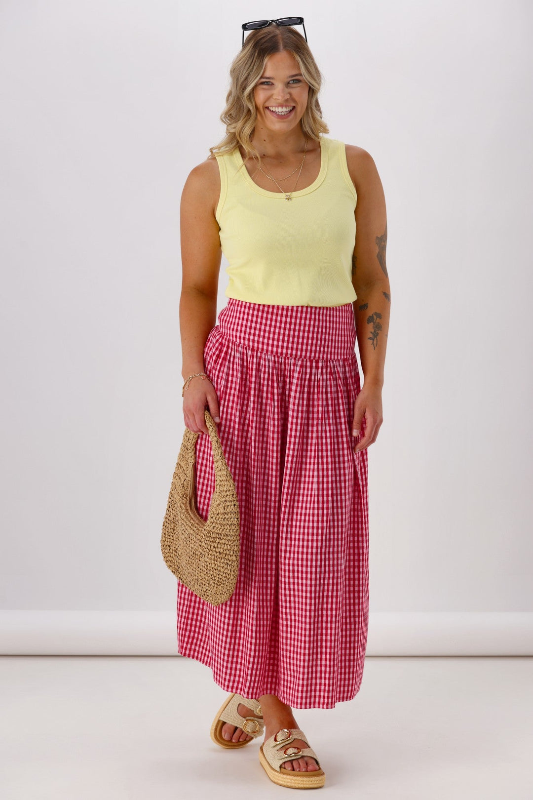 Label Addison Shirred Bask Skirt Red Pink Gingham