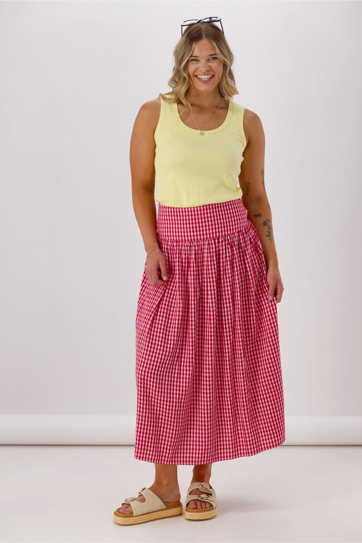 Label Addison Shirred Bask Skirt Red Pink Gingham