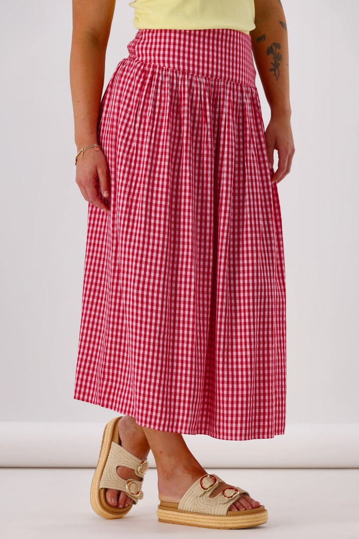 Label Addison Shirred Bask Skirt Red Pink Gingham