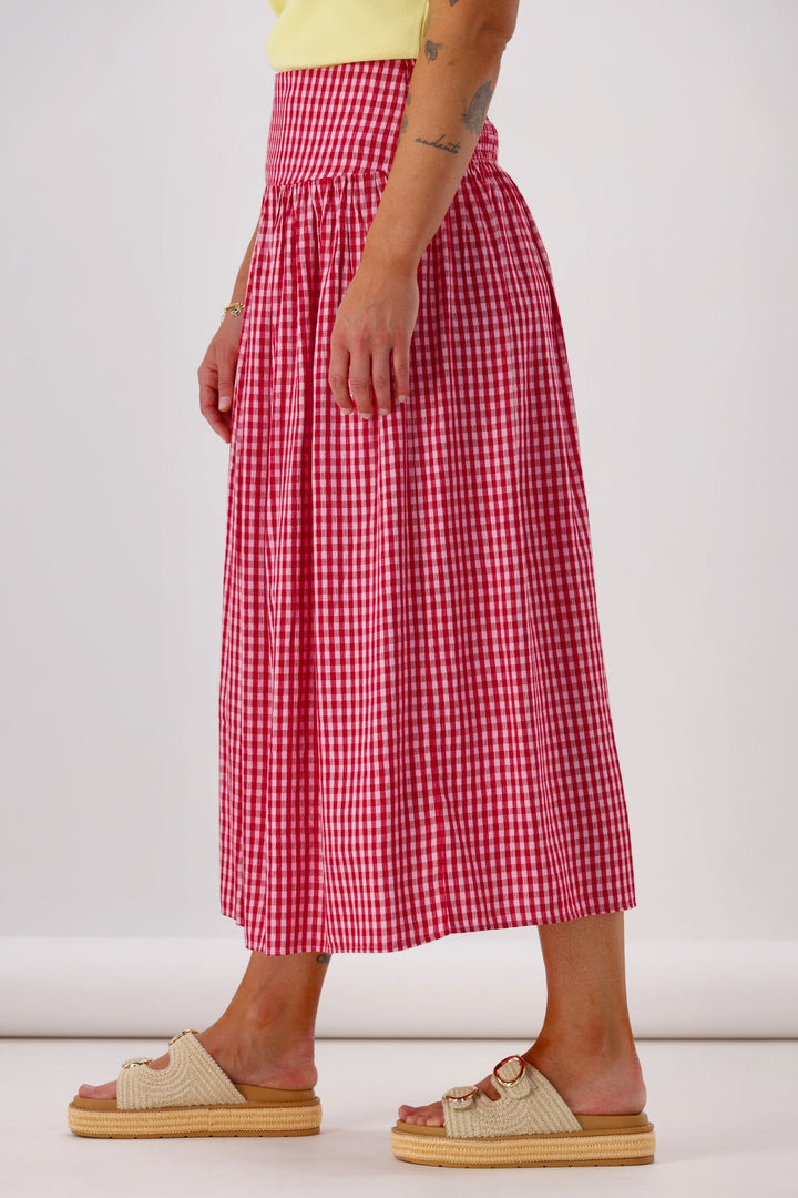 Label Addison Shirred Bask Skirt Red Pink Gingham