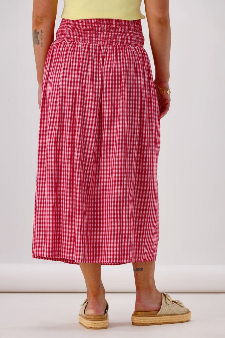 Label Addison Shirred Bask Skirt Red Pink Gingham