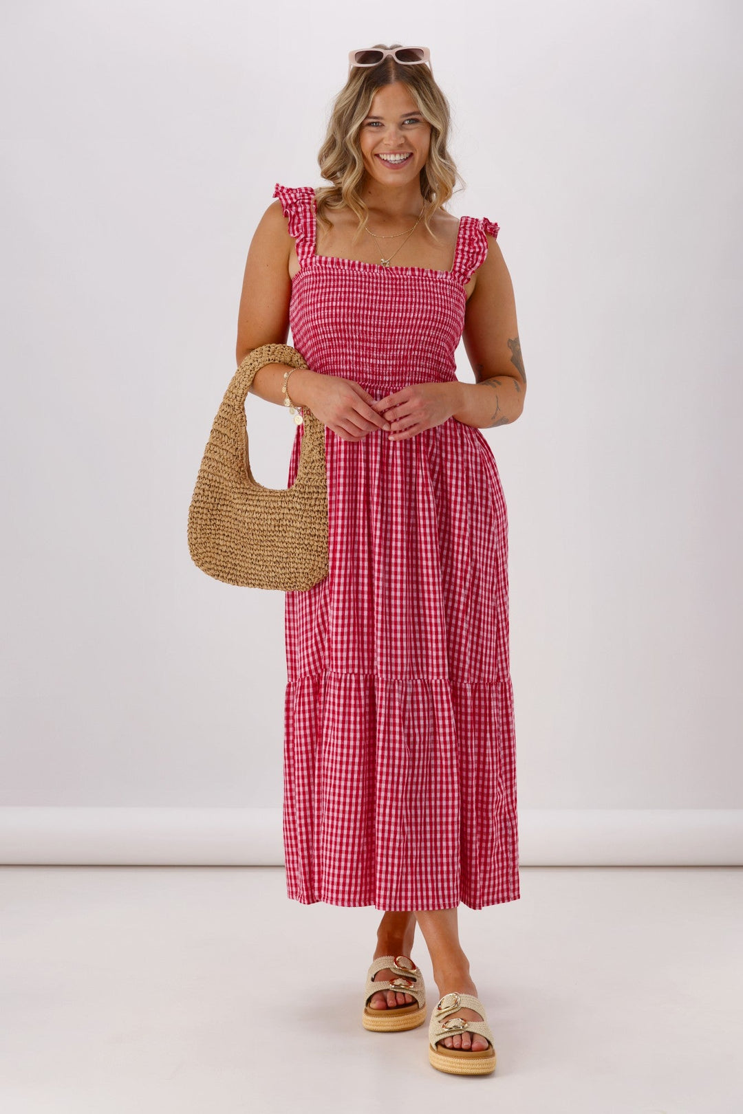 Label Addison Shirred Strap Maxi Dress Pink Red Gingham