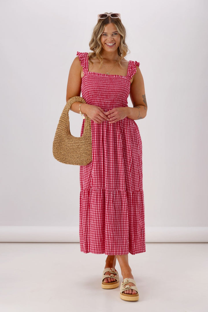 Label Addison Shirred Strap Maxi Dress Pink Red Gingham