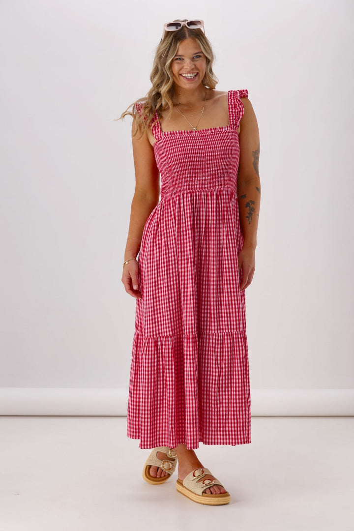 Label Addison Shirred Strap Maxi Dress Pink Red Gingham