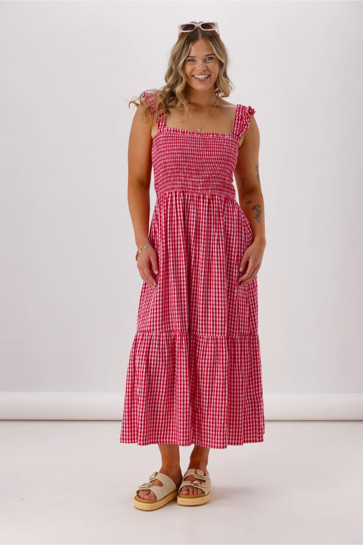 Label Addison Shirred Strap Maxi Dress Pink Red Gingham