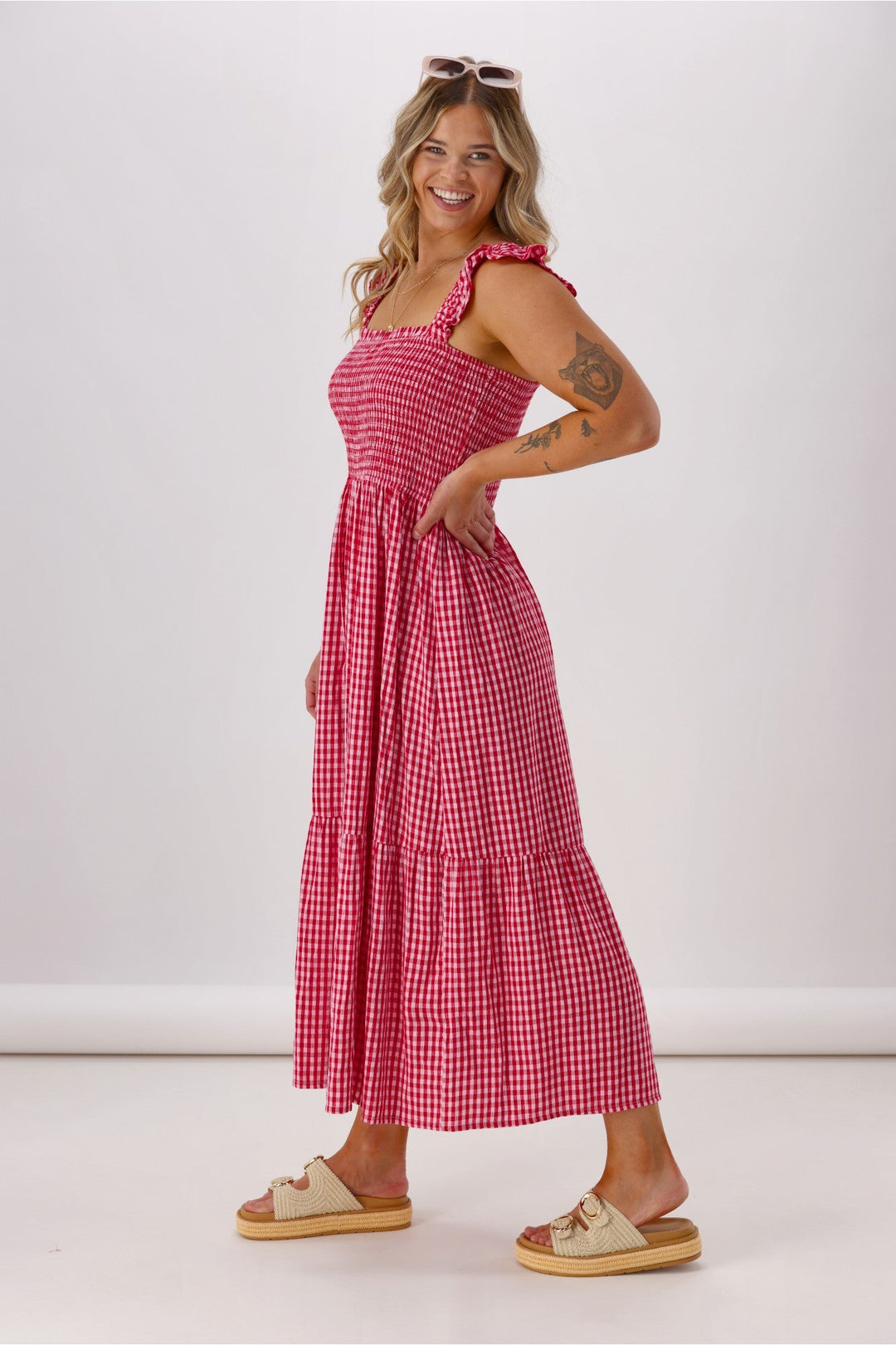 Label Addison Shirred Strap Maxi Dress Pink Red Gingham