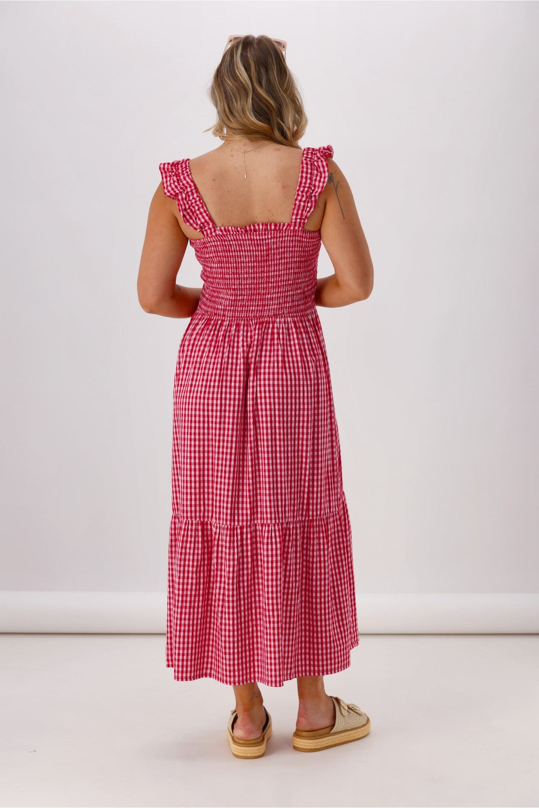 Label Addison Shirred Strap Maxi Dress Pink Red Gingham