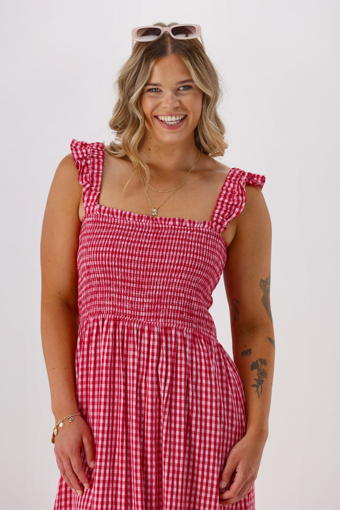 Label Addison Shirred Strap Maxi Dress Pink Red Gingham
