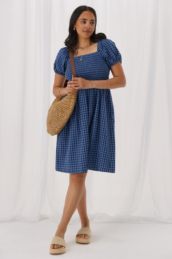 Label Anara Dress Blue And Navy Check