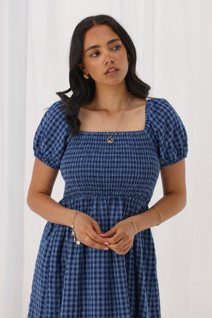 Label Anara Dress Blue And Navy Check