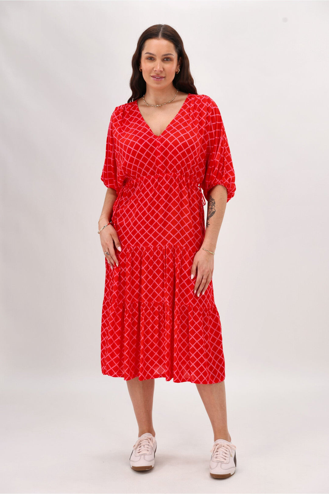 Label Anna Maxi Tier Dress Red Pink Check
