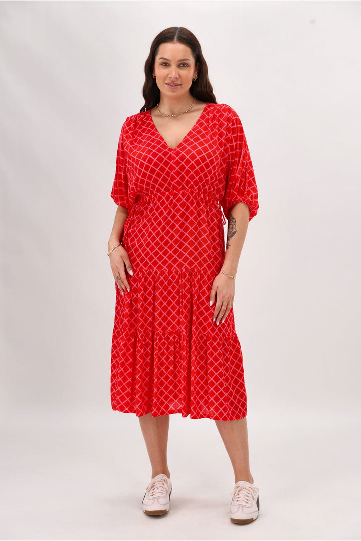 Label Anna Maxi Tier Dress Red Pink Check