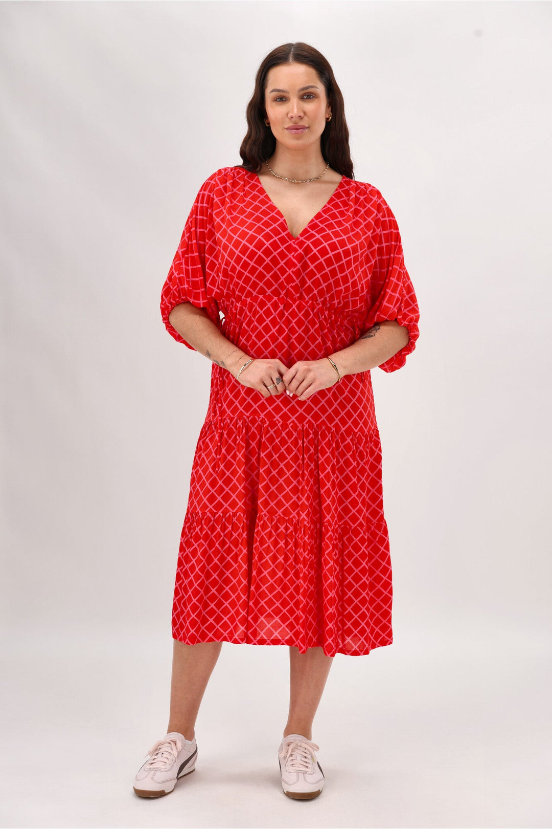 Label Anna Maxi Tier Dress Red Pink Check