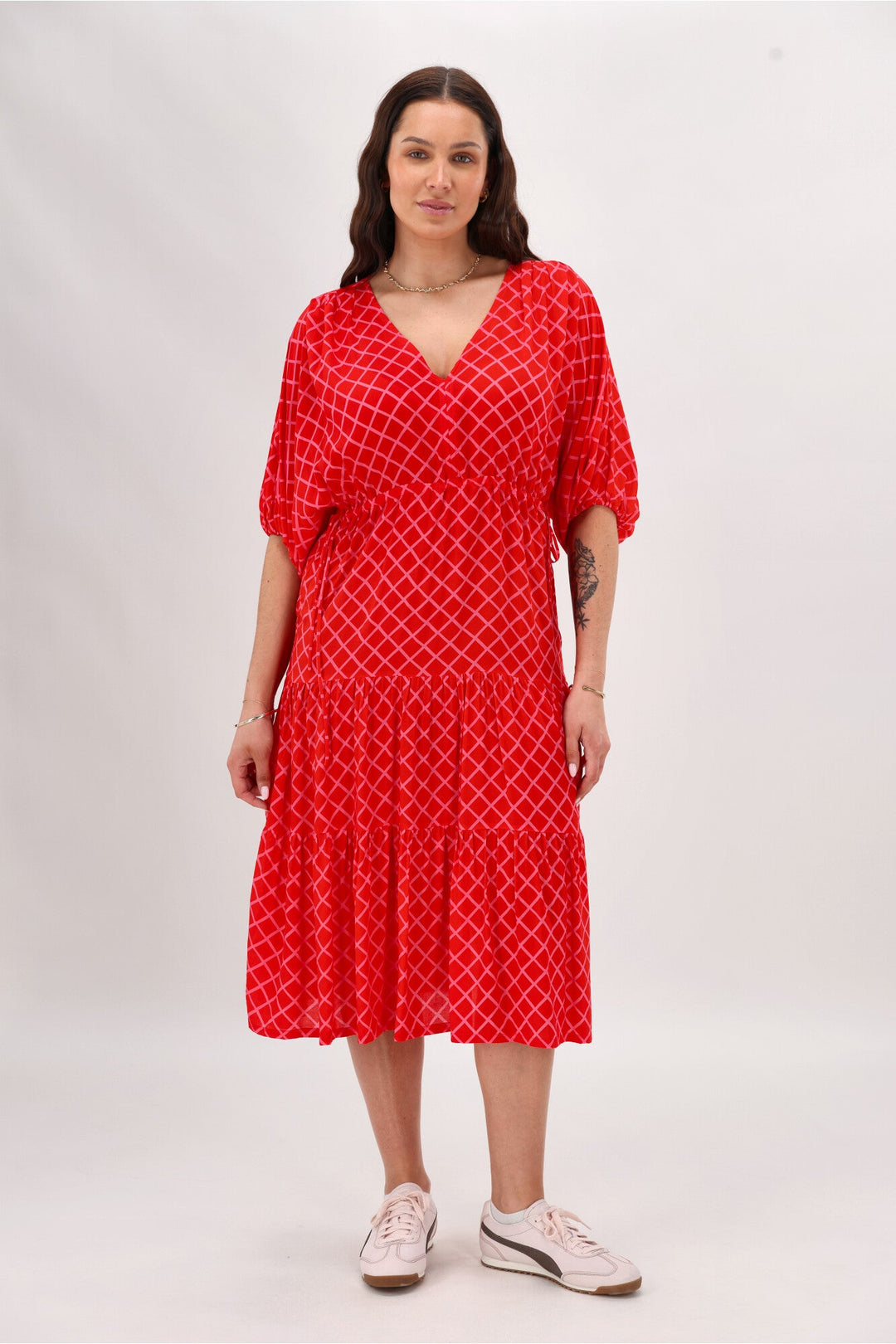 Label Anna Maxi Tier Dress Red Pink Check