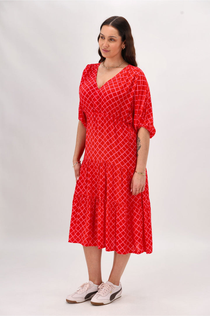 Label Anna Maxi Tier Dress Red Pink Check