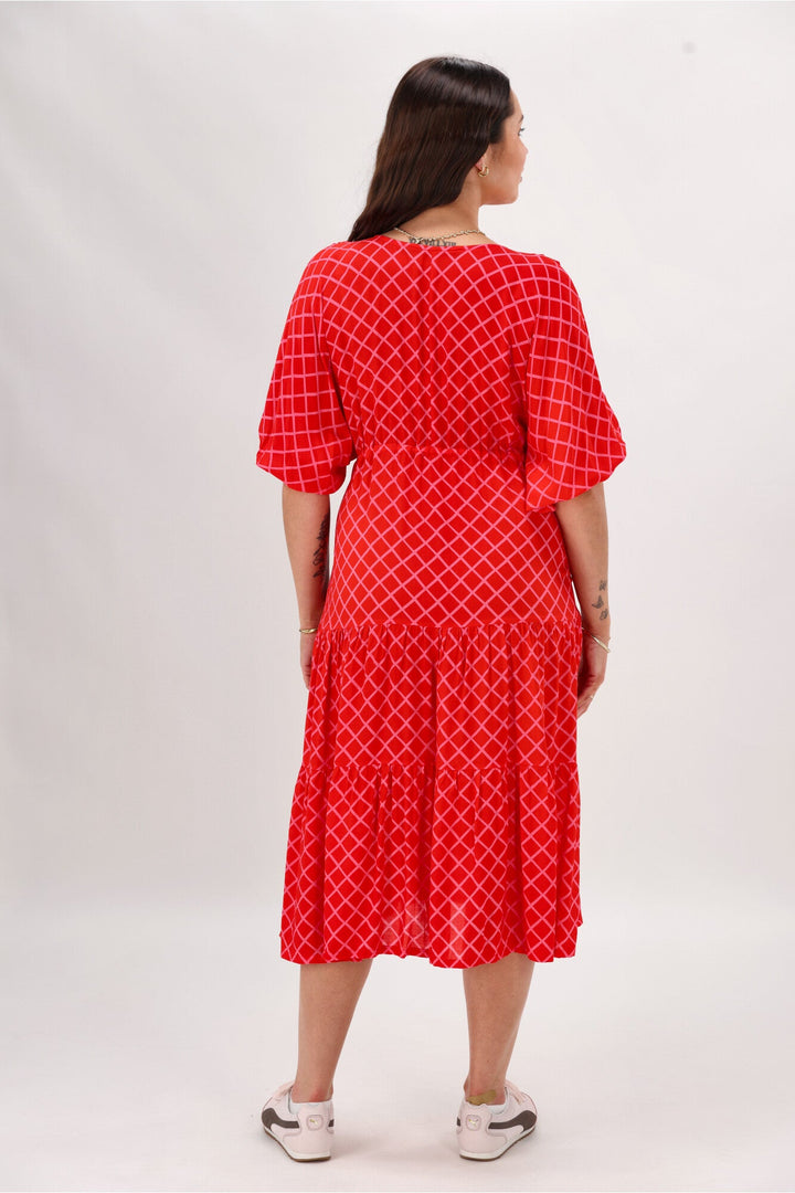 Label Anna Maxi Tier Dress Red Pink Check