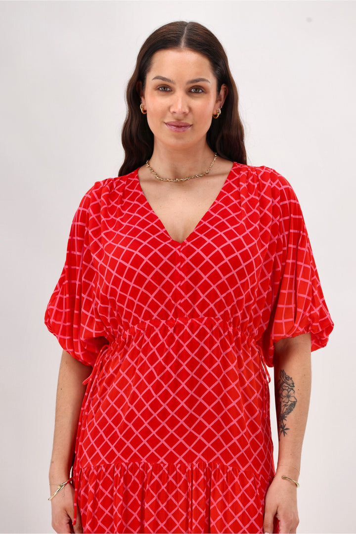 Label Anna Maxi Tier Dress Red Pink Check