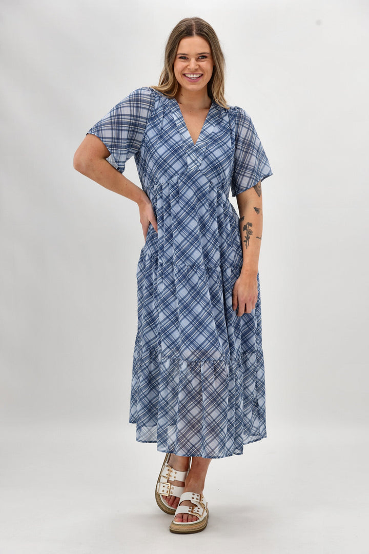 Label Avonley Tiered Chiffon Dress Blue Check