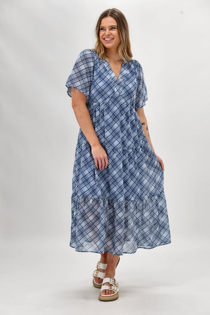Label Avonley Tiered Chiffon Dress Blue Check