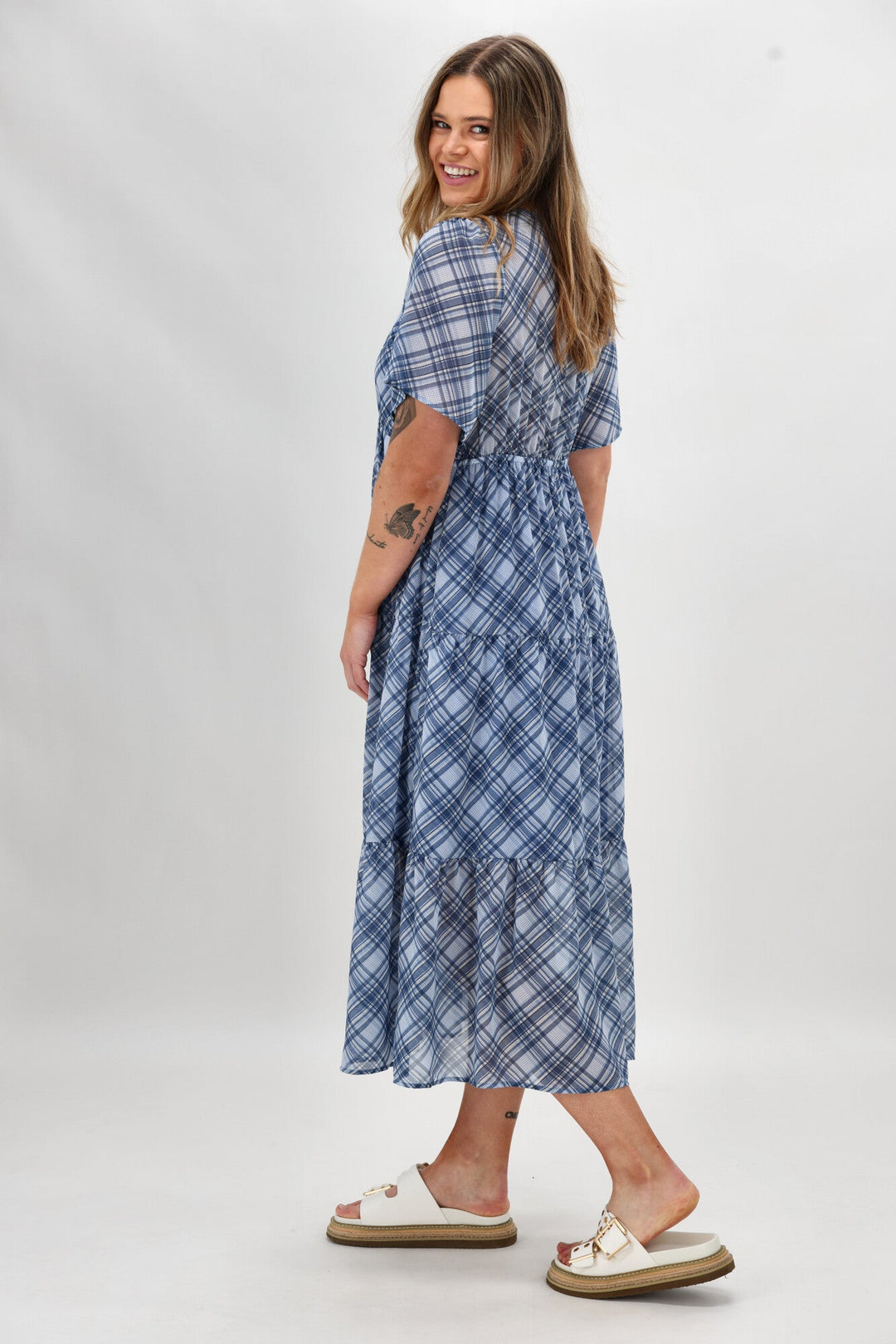 Label Avonley Tiered Chiffon Dress Blue Check