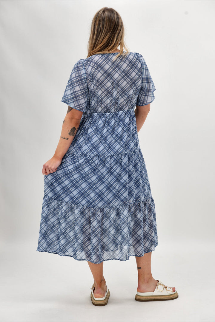 Label Avonley Tiered Chiffon Dress Blue Check
