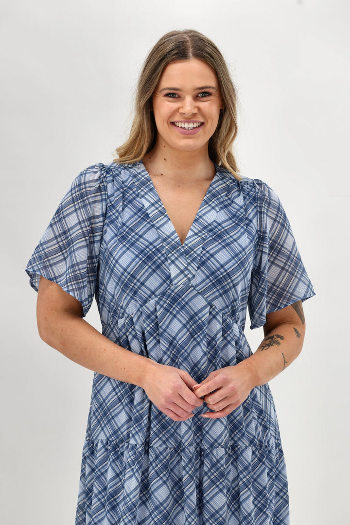 Label Avonley Tiered Chiffon Dress Blue Check