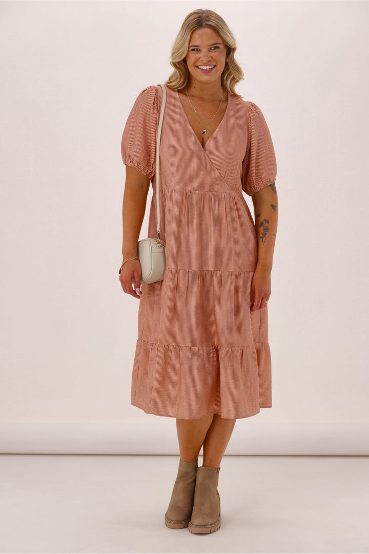 Shine On Label Bellezza V Neck Midi Dress Rust